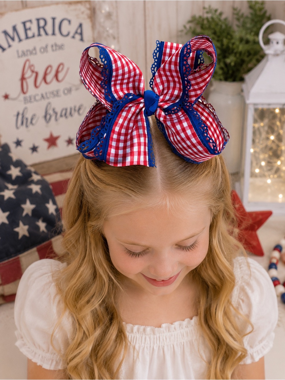 Patriotic Gingham Boutique Hair Bow – Handmade Red, White & Blue Statement Bow